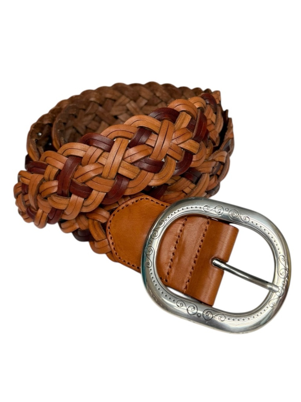 Brighton Braided Tan and Brown Leather Wide Belt with Silver Decorative Buckle